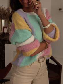 Women's Pastel Striped Knit Sweater, Patchwork Crew Neck Pullover, Loose Fit, Soft And Fluffy, Comfortable And Warm, Suitable For Casual Daily Wear In Autumn And Winter - Multicolor - View 4