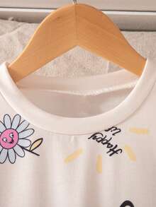 2pcs Girls Casual Floral Print Round Neck Drop Shoulder Long Sleeve Sweatshirt And Pants Set, Spring/Autumn - Apricot - View 3