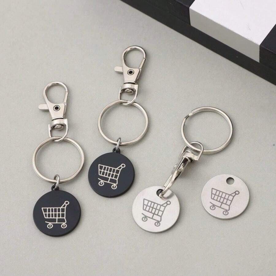3Pcs Stainless Steel Shopping Trolley Token Keychains, Engraved Cart Pattern Release Coins With Lobster Clasp Key Ring, Reusable Portable Grocery Shopping Accessory - A - View 1