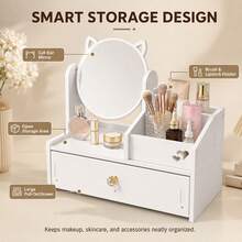 360° Rotating Mirror Makeup Organizer With Drawers And Multiple Storage Compartments, Cute Cat Ear Vanity Storage Box For Makeup Brushes, Lipsticks, Skincare Products (White) - 29CM - View 6