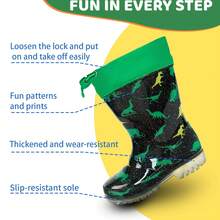 HSYAAMOO Boys' Black Glitter Dinosaur Print Drawstring Cuff Rain Boots, Transparent Thick Sole Non-Slip Rubber Mid-Calf Waterproof Rubber Shoes For Outdoor Water Play - Dark Green - View 7