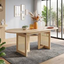 Extendable Dining Table 120/160 * 80, Suitable For 6-8 People, Dining Table With Rounded Corners, Thickened Tabletop, Simple Style Extendable Dining Table, Rattan Table Legs, Oak Color. - Oak + MDF - View 2