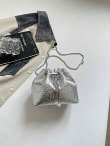 秋冬新款鱷魚壓紋單肩包，金屬鍊條抽繩肩帶斜挎包，派對晚宴手拿包 - 銀色 - 查看 6