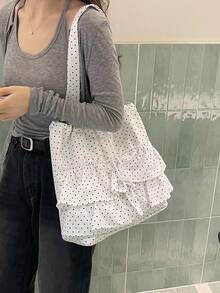Dedoo 女款帆布波點印花托特包，荷葉邊層次抽繩單肩包，大容量書包，適合大學校園 - 白色 - 查看 5