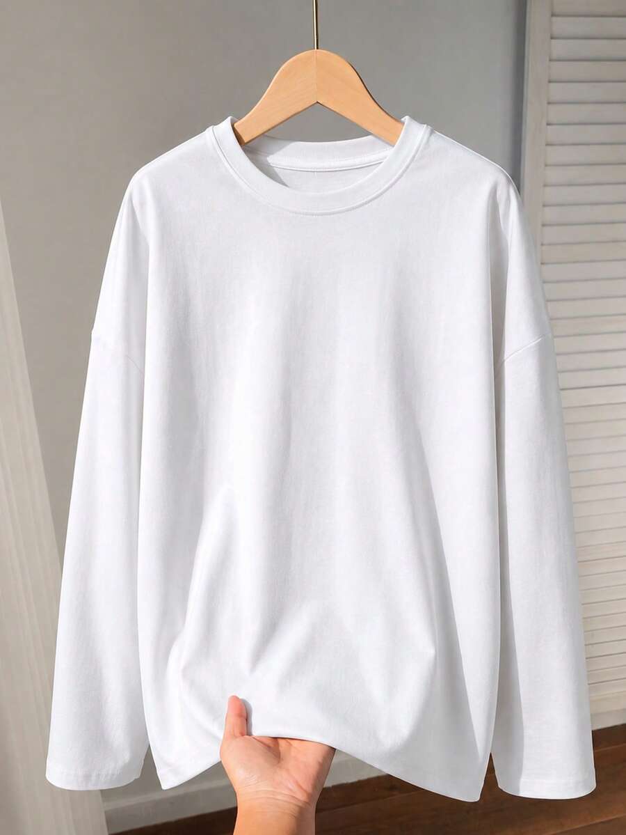 Women's Autumn/Winter Solid Color Long Sleeve Crew Neck Loose Fit T-Shirt, Fashionable Versatile Casual Spring Plus Size New Style Top - White - View 1