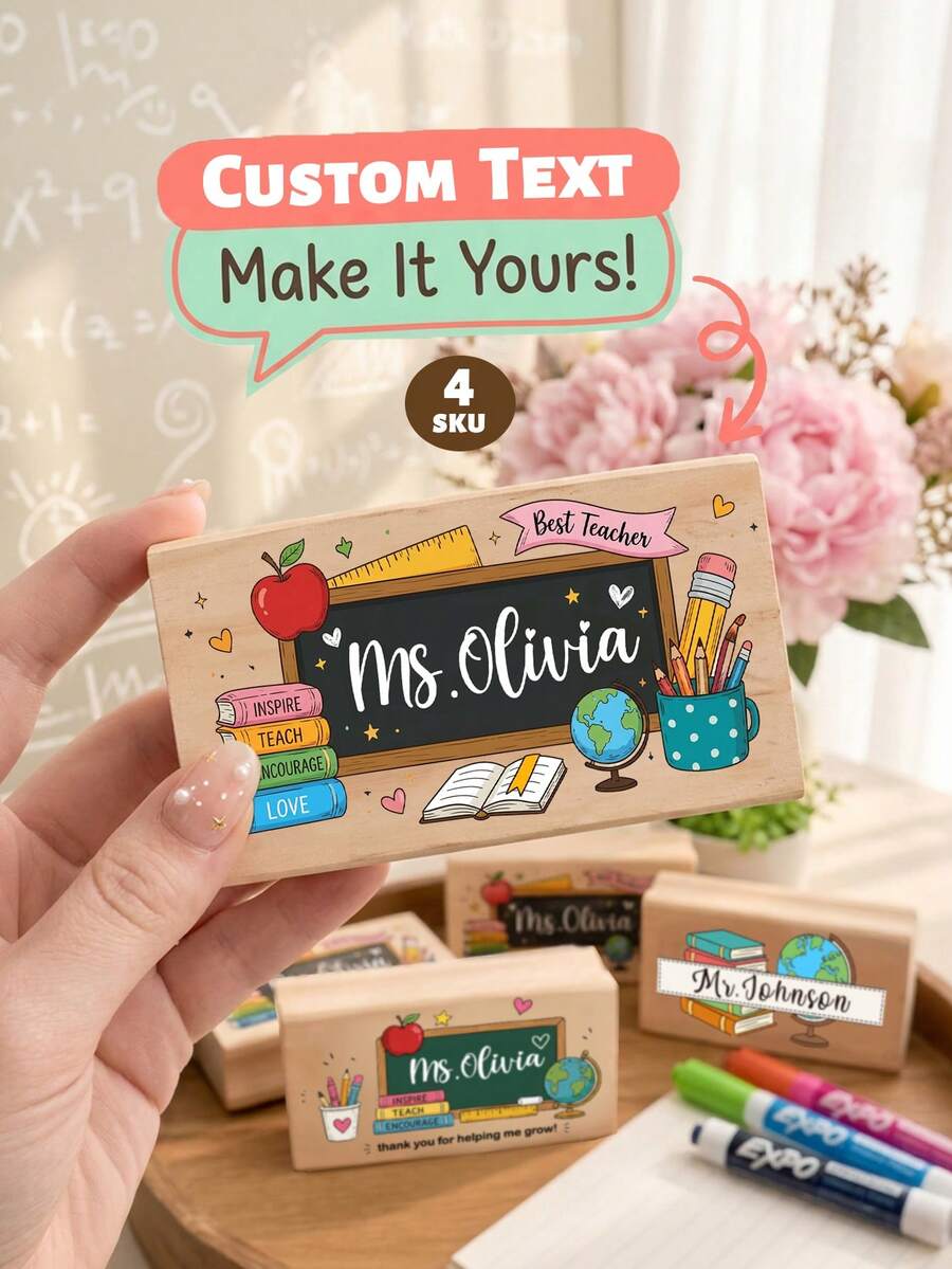 1pc Personalized Teacher Whiteboard Eraser, Wooden Chalkboard Eraser, Back To School Classroom Decor, Year-End Teacher Appreciation Gift, Teacher Gift, Personalized Gift, Customized Eraser, Back To School - Multicolor - View 1