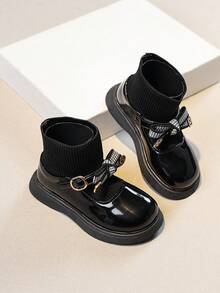 1 Pasang Sepatu Bot Sehari-hari Gaya Inggris untuk Anak Perempuan, Sol Lembut Anti Selip, Sepatu Bot Model Princess Serbaguna dengan Motif Rajutan Patchwork - Hitam - View 5