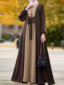 Autumn Luxury Dual-Tone Patchwork Lantern Sleeve Elegant Daily Commute Dress - Brown - View 1
