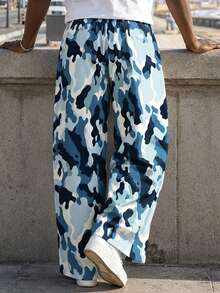 Plus Size Men's Pants Gradient Blue Camouflage All-Over Print Loose Wide Leg Design Drawstring Adjustable Waistband Lazy Loose Fit Casual Long Pants - Baby Blue - View 4