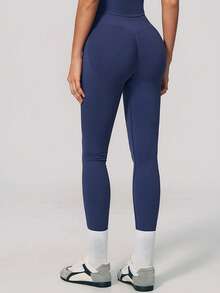 KyrLssu Women High Waist Seamless Ribbed Waistband Leggings, Solid Tummy Control Stretch Yoga Fitness Ankle Pants - Navy Blue - View 6