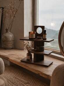 1pc Wooden Layered Storage Rack, 3-Layer Dark Brown Wooden Perfume Display Rack With Hollow Round Decoration, Multi-Layer Counter Top Makeup Rack For Perfume Bottles, Cosmetics, Jewelry, Decorative Storage Rack For Bedroom Dresser, Dresser - View 2