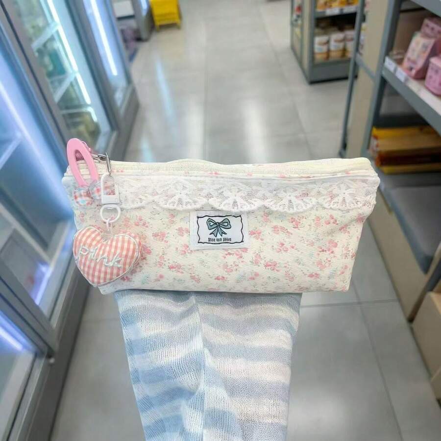 Pink Floral Pattern Pencil Case, Cute Ins Style, Large Capacity, High Aesthetic, Student Minimalist Stationery Storage Bag, Niche Design