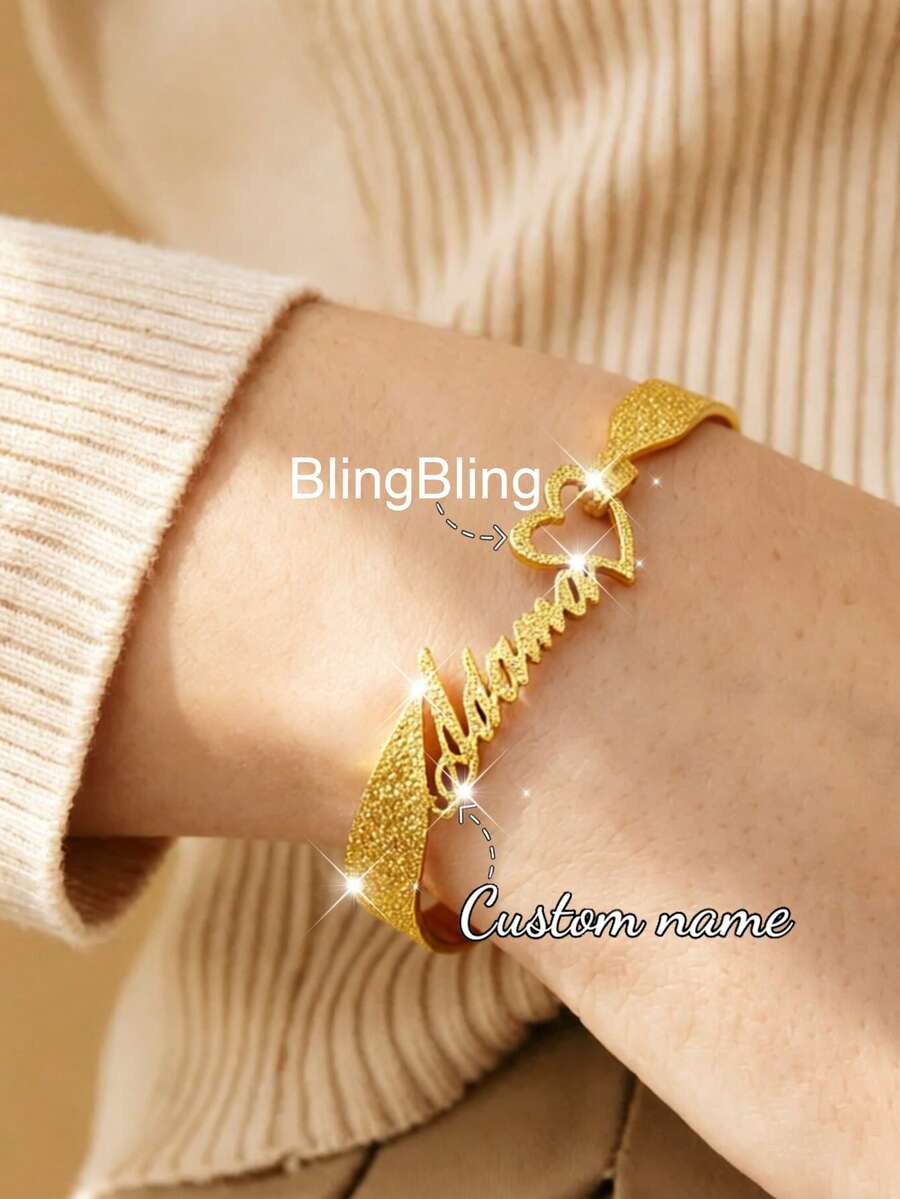 Customized Stainless Steel Bracelet For Women, Personalized Nameplate Letter, Heart, Hollow Butterfly Design, Jewelry Gift For Wedding & Valentine's Day - Gold Frosted - View 1