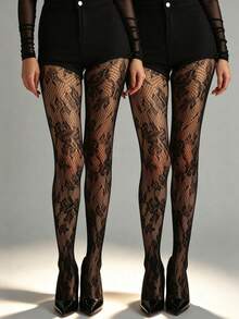 2/1 pieza Leggings de mujer de jacquard hueco de red de pescado, medias elásticas de malla negra de talla grande, adecuadas para leggings góticos florales de vacaciones, atuendo de vuelta a la escuela - Negro - Ver 8