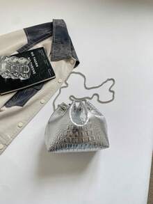 秋冬新款鱷魚壓紋單肩包，金屬鍊條抽繩肩帶斜挎包，派對晚宴手拿包 - 銀色 - 查看 8