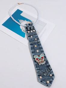 1PC Women's Fashion Elegant Faux Pearl Butterfly Accessory Tie, Suitable For Daily Shopping And Dating - Navy Blue - View 2