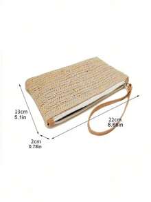 1pc Women's Straw Woven Clutch Bag Bohemian Style Summer Beach Straw Wallet Zipper Wristlet, Suitable For Any Occasion Such As Work, Business, Dating - Khaki - View 5