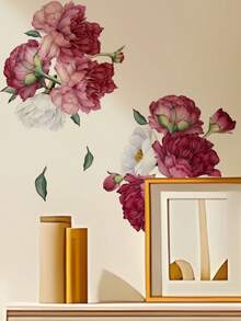 1pc Pink & White DIY Peony Flower Wall Decal, Removable Room Decor Sticker For Bedroom, Living Room, Entryway - 1PC - View 1