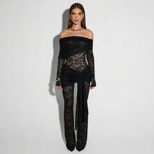 Mono popular para mujer, diseño sensual con combinación de encaje, manga larga, cuello barco y efecto transparente - Negro - Ver 4