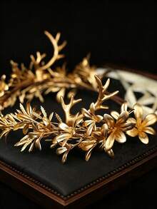 KOVLYNE 1pc Vintage Gold Floral Bridal Headband, Greek Goddess Leaf Crown With Green Crystal Pendant, Adjustable Hair Accessory, Suitable For Weddings, Festivals And Renaissance Costumes - Gold - View 3