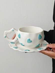 1 Set Highly Attractive Heart Pattern Ceramic Coffee Cup, Ceramic Water Cup, Heart-Shaped Handle Heat-Resistant Microwave , Afternoon Tea Cup And Saucer, Coffee Cup And Saucer, Tea Cup, Tea Set, Breakfast Milk Cup, Gift For Family - Multicolor - View 14
