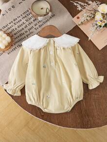 Baby Girl Floral Embroidered Peter Pan Collar Long Sleeve Bodysuit - Beige - View 3