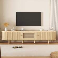 Modern Low-Profile TV Unit With Round Design And Roll-Up Shutter Door, Made Of MDF, With Drawer, Suitable For TVs Up To 75 Inches, For Living Rooms And Dining Rooms, 180x40x40cm, Wood Color. - 1 - View 10