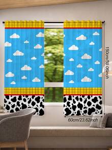 2pcs Color Block Cow & Cloud Rod Pocket Curtains, Polyester Fabric, American Style Patchwork Print, Fashion Living Room Bedroom Home Fabric Curtains - Multicolor - View 13