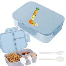 便攜式三格保溫便當盒附湯匙與叉子，易清洗水果與三明治收納盒，戶外通勤旅行必備，開學學生禮物，26字母字母圖案 - 淺藍色 - 查看 10