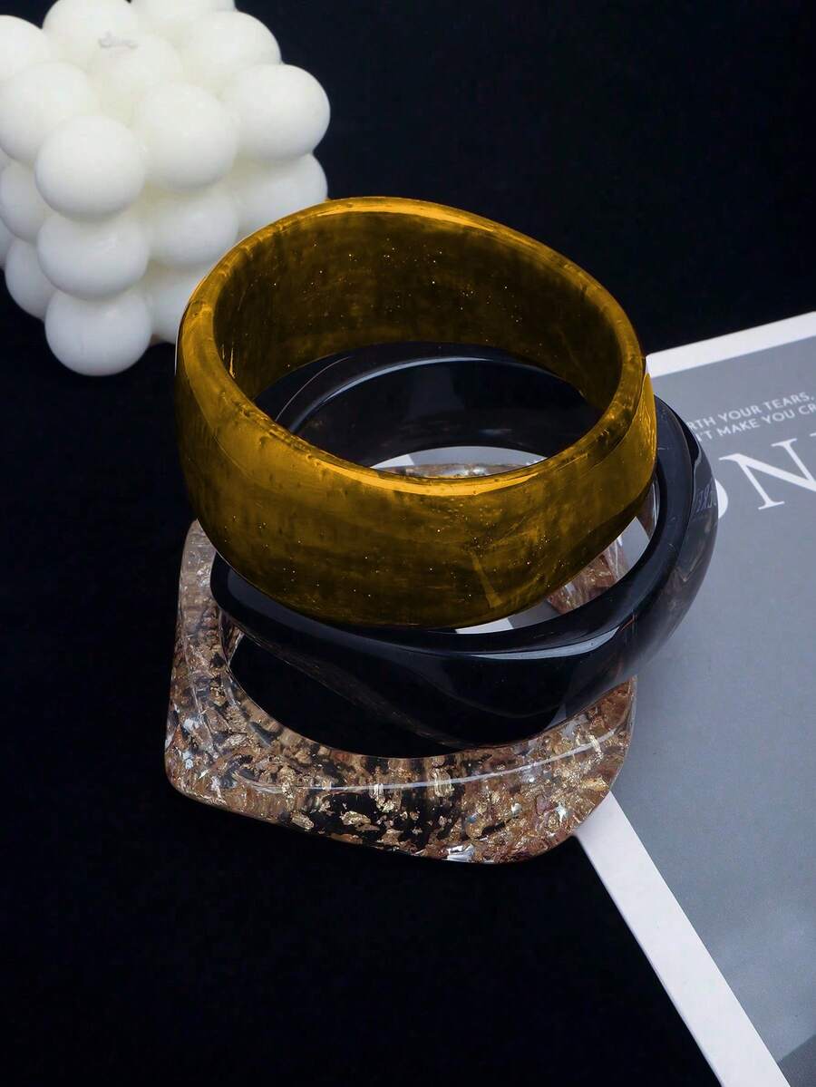 3pcs Black & Gold Acrylic Bracelet Set, Suitable For Daily Wear And Vacation - Black and Gold - View 1