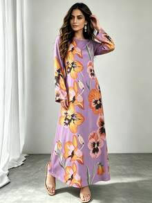 1 buah Gaun Wanita, Motif Geometris Berwarna-warni, Leher Bulat, Lengan Mengembang, Lengan Panjang, Abaya Longgar untuk Musim Gugur - Violet Purple - View 4