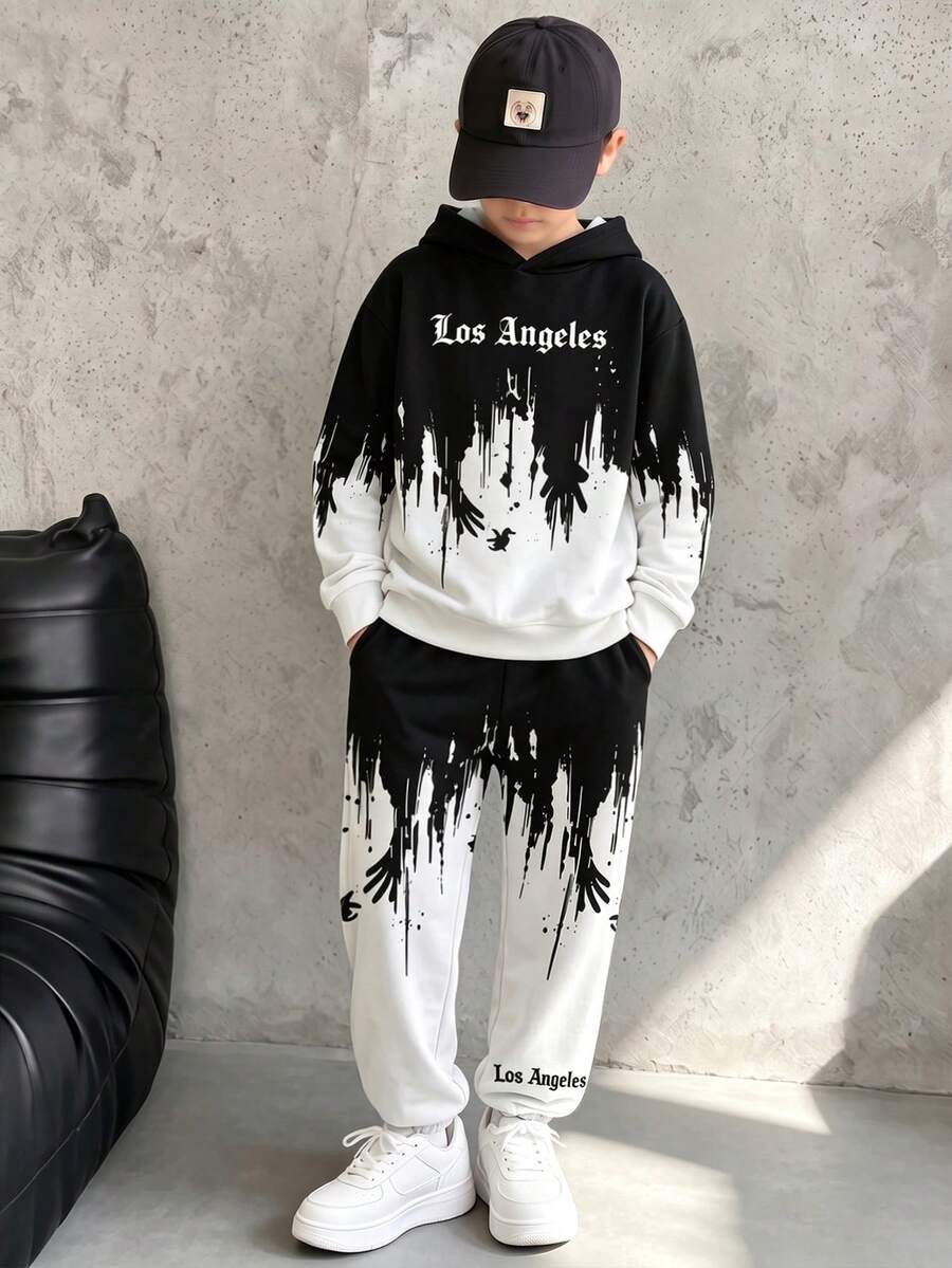Boys' Spring/Autumn 2-Piece Set, Gradient Splatter English Print Hooded Sweatshirt + Matching Element Jogger Pants, Street Style Casual Outfit - Black and White - View 1