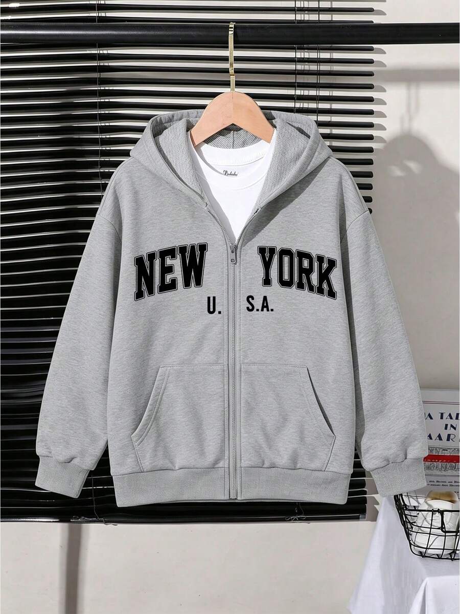 女童「NEW YORK」印花連帽拉鍊運動衫,休閒長袖外套,舒適柔軟面料,適合秋冬日常穿著 - 灰色 - 查看 1