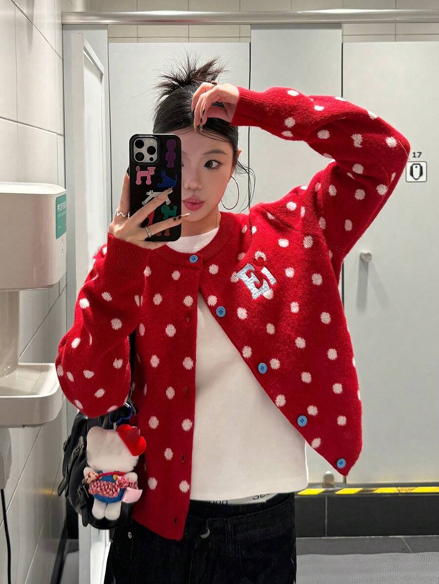 Autumn/Winter Retro Sweet Soft Cozy Lazy Polka Dot Knit Cardigan - Red - View 1