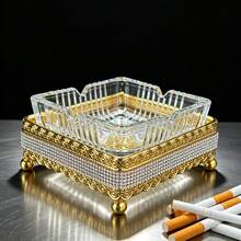 Asbak Kaca Persegi Bergaris Mewah dengan Alas Logam Bertatahkan Berlian Imitasi, Asbak Bermotif Timbul dengan Kaki Bola, Aksesori Merokok Dekoratif untuk Meja, Cocok untuk Dekorasi Rumah, Ruang Tamu, Kantor, dan Meja Bar - Transparent - View 6