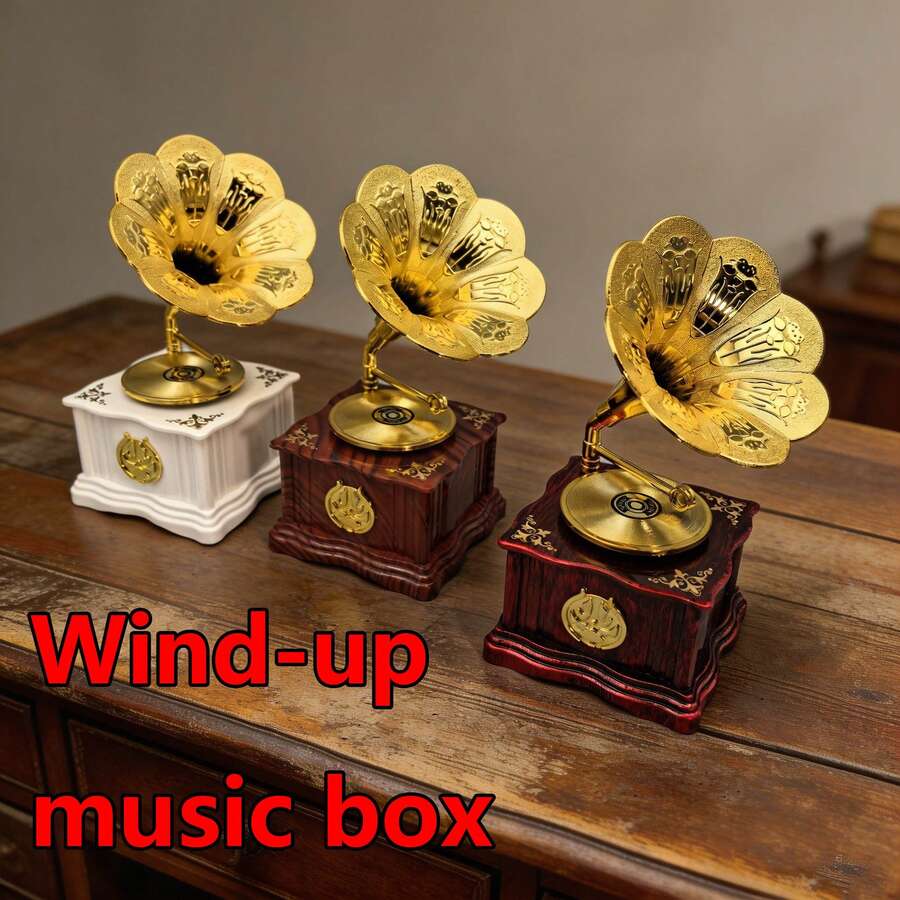 1pc Creative Desktop Ornament, Gramophone Shaped Wind-Up Music Box, Decorative Holiday Gift, Plastic Material Retro Style Figurine - 8008 - View 1