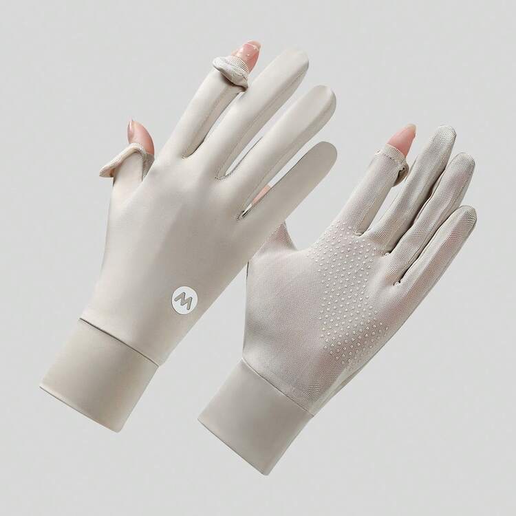 1 Pair Silicone Non-Slip Palm Fingerless Flip-Cover Gloves, Ice Silk Breathable Cool Silky Gloves For Cycling, Driving, Outdoor Travel, Fashion High-End - Khaki - View 6