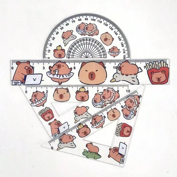 Juego de 4 piezas/Set de reglas acrílicas con diseño de capibara: Transportadores, reglas y compases de alta calidad - Perfecto para escuelas u oficinas - ¡Haz que tu espacio de trabajo esté lleno de diversión! Regreso a la escuela - Multicolor - Añade 4