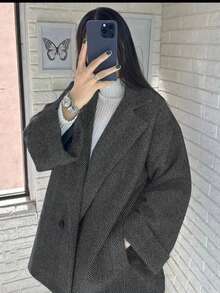 Women's Plus Size Herringbone Winter Blazer, Loose Casual Lapel Jacket - Grey - View 1