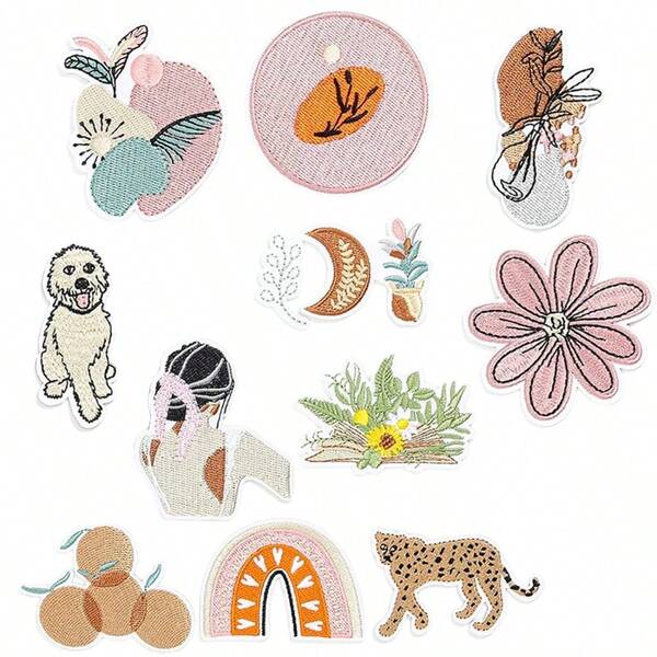 11pcs Bohemian Natural Style Embroidered Applique Patches, Rainbow Moon Floral Pattern, Iron-On Patches, Suitable For Jackets, Hats, Backpacks, DIY Clothing