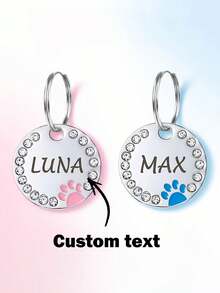 1pc Customized Pet Tag With Rhinestones, Pet Collar Pendant Customizable Pet ID And Contact Information, Round Alloy Charm, Gift For Pets - Multicolor - View 1