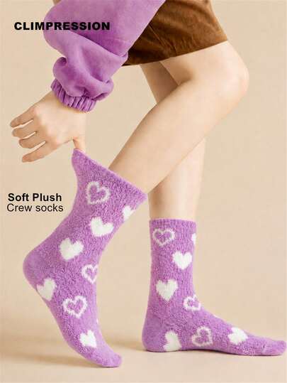 CLIMPRESSION Women's Autumn/Winter Purple Heart Pattern Fluffy Coral Fleece Boat Socks, Soft Warm Comfortable Indoor Sleep Home Socks