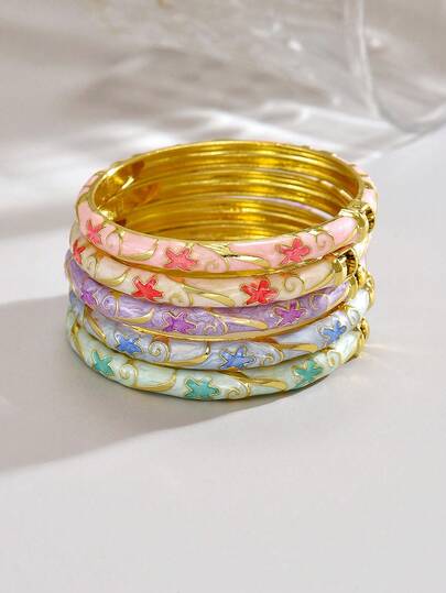 1 chiếc vòng tay bangle nữ và bé gái thời trang dễ thương mới, mạ đồng họa tiết hoa men Cloisonné, thiết kế hoa sao nhiều màu