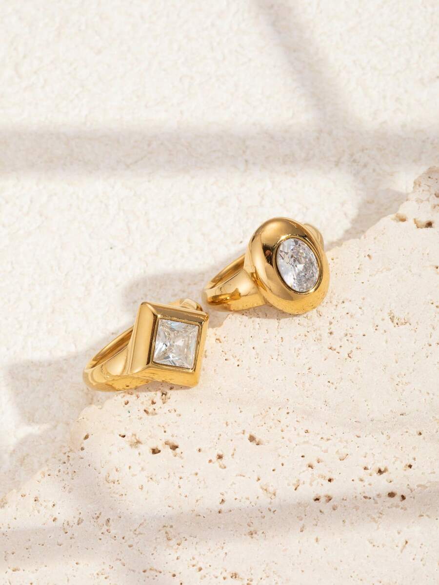 2pcs Stainless Steel Fashion Minimalist Gold-Colored Ring Set, Inlaid With White Diamonds, Multiple Finger Sizes Available, Suitable For Women's Daily Wear Or Gift Giving - Yellow Gold - View 1