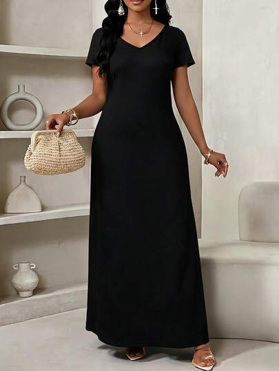 Minimalist Solid Color Short Sleeve Women's Nightgown, Summer Long Casual Home Dress, Soft Comfortable Short Sleeve Dress