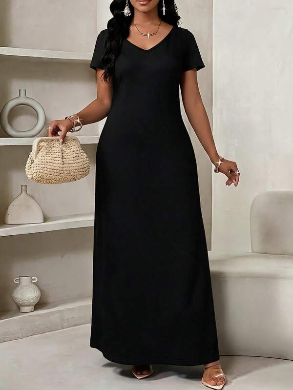 Minimalist Solid Color Short Sleeve Women's Nightgown, Summer Long Casual Home Dress, Soft Comfortable Short Sleeve Dress