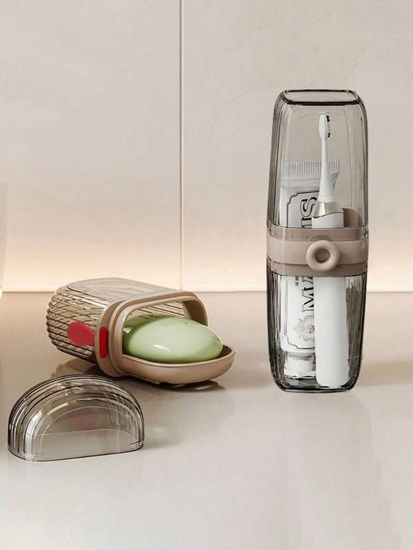 1 Set Portable Travel Soap Box And Toothbrush Holder Set - Plastic Oval, Essential For Camping, Gym, Bathroom Accessories