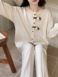 2pcs/Set Women's Pajamas Loungewear Set, Cute Puppy Pendant Solid Color Cardigan Round Neck Long Sleeve Pants, Easy Care Fabric - Champagne - View 6