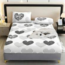 3pcs Plaid Pattern & Heart Element Bed Sheet Set, Fashionable & Romantic, Set Includes [1 Bed Sheet + 2 Pillowcases] No Pillow Inserts, 100% Polyester/Pillowcase Color Random New Modern Style - Deep Pocket/Tight Fit/King/Queen/48H No Slipping/Suitable For Various Holidays And Daily Use | Double/Full Size/Easy To Use/High-End Luxury Classic Design Bedding, Soft Fabric, Skin-Friendly, Comfortable, Suitable For Bedroom, Hotel, Dormitory, - Heart Love - View 16