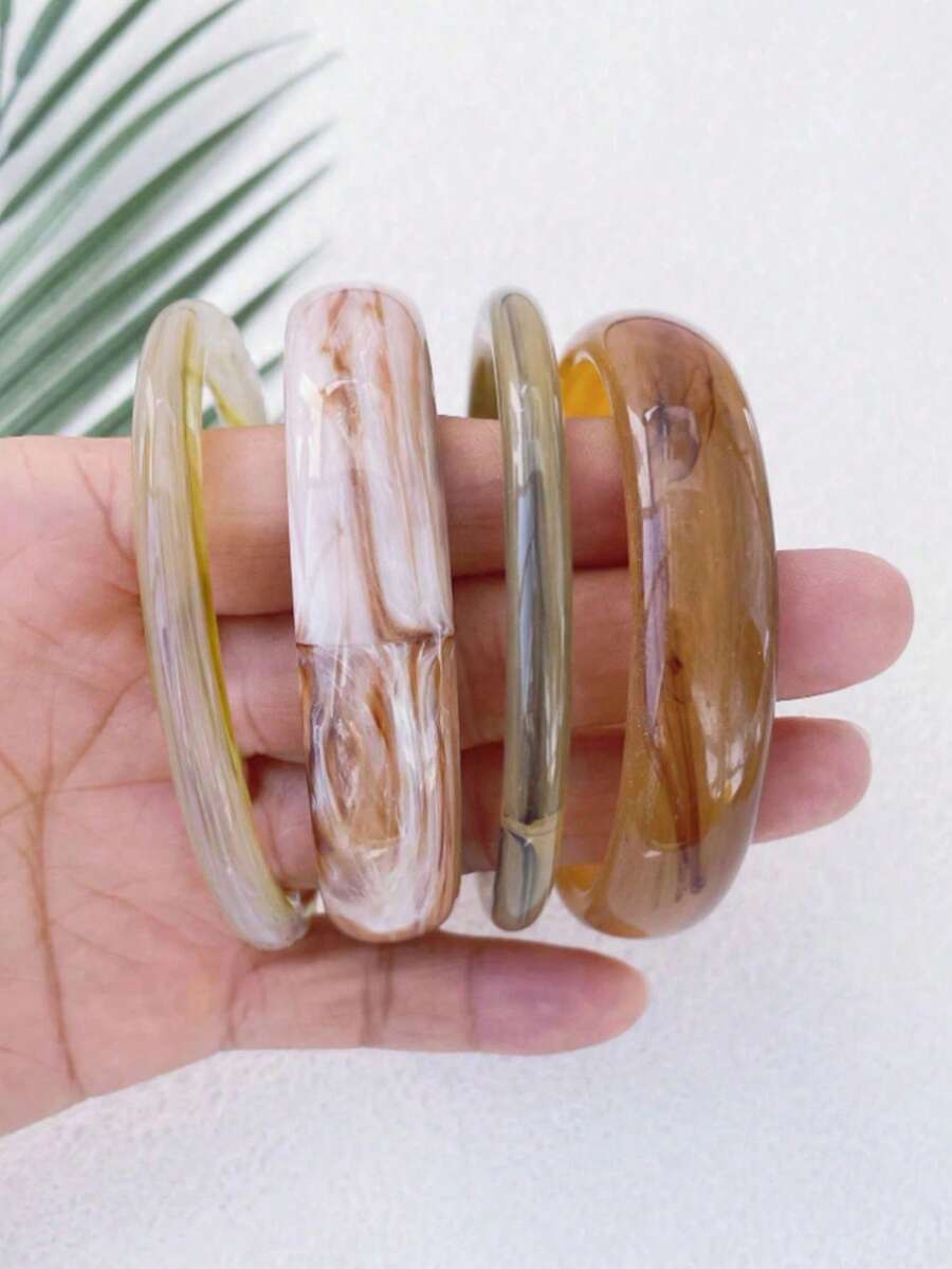 4pcs Vintage Resin Amber Texture Acrylic Bangle Bracelet Set, Fashion & Versatile, Suitable For Women's Daily Wear - Brown - View 1
